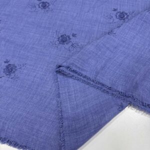 Nakışlı Floş Keten Kumaş Mavi