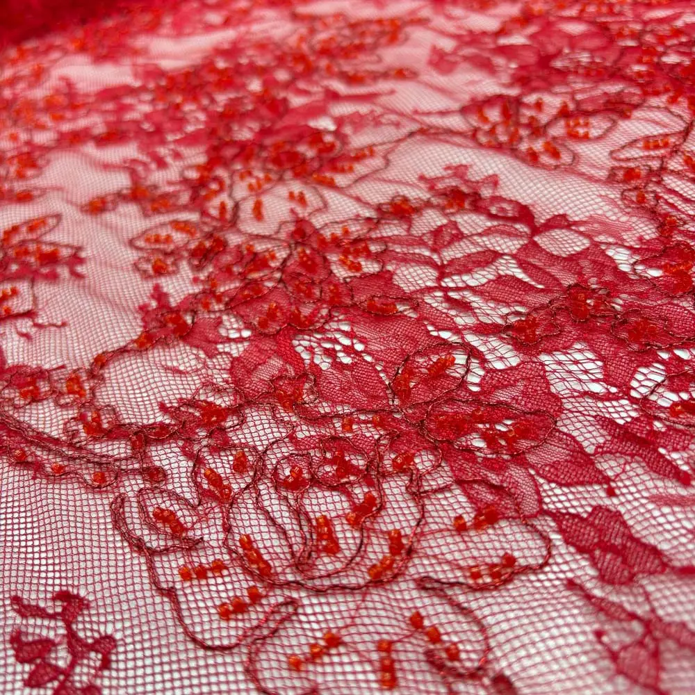 Taşlı Lez Dantel Kumaş Kırmızı