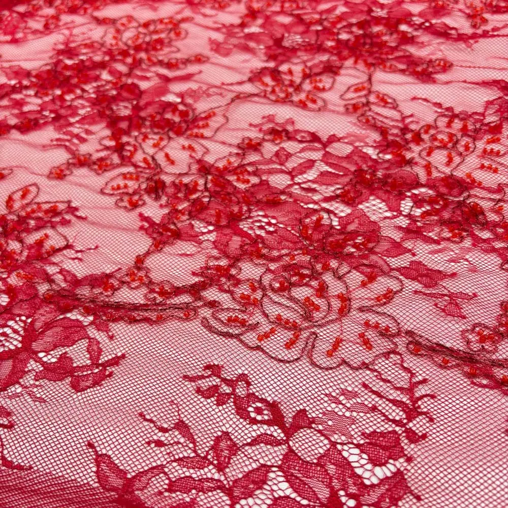 Taşlı Lez Dantel Kumaş Kırmızı