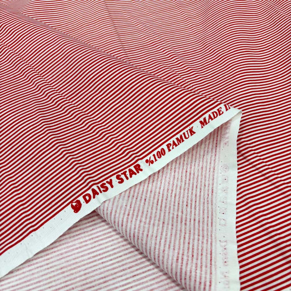 Çizgili Poplin Kumaş Kırmızı - Beyaz Çizgili Poplin Kumaş Kırmızı - Beyaz